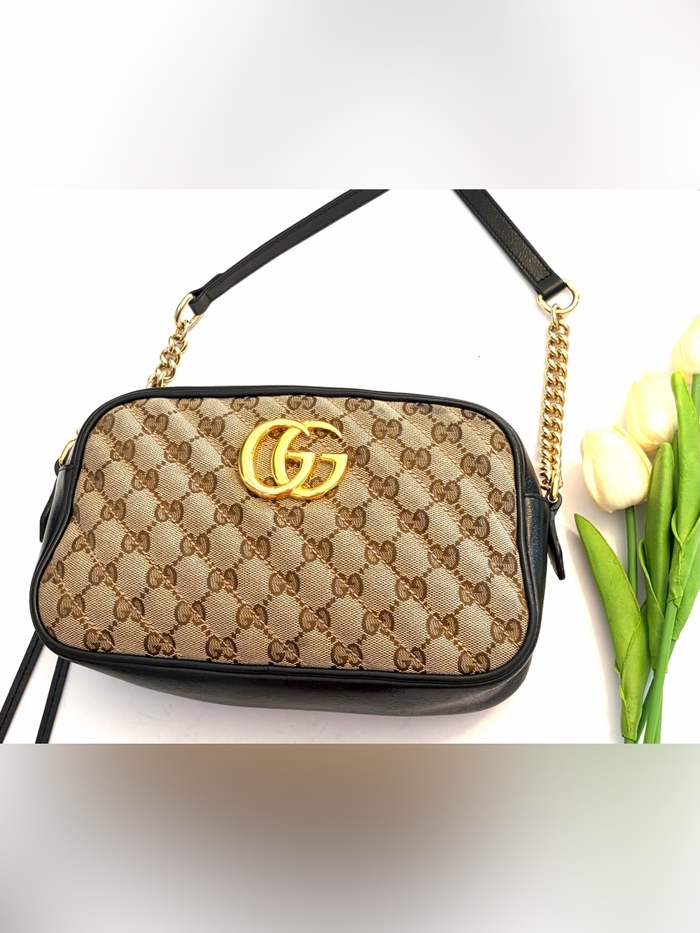 Gucci Marmont Quilted Small Shoulder Crossbody Camara Bag Canvas Black Leather - Picture 12 of 16